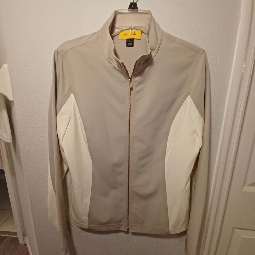 Womans ST John Jacket color block Gray White size M med Classic Pea coat zip up